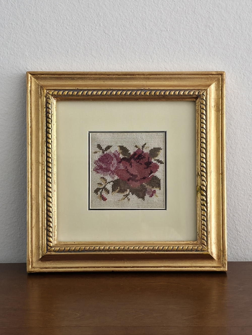 Vintage Cottage Rose Floral Needlepoint Wall Art Framed